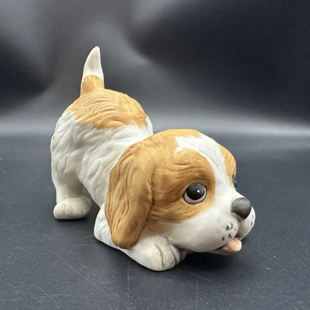 Vintage Homco #1407 Puppy Dog Bisque Porcelain Buff White Cocker Spaniel 3.5”